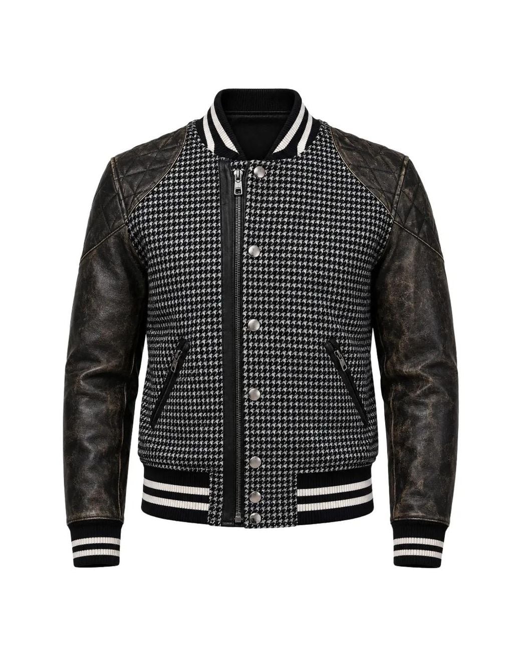 Dolce & Gabbana Black Houndstooth-Pattern Distressed Bomber Jacket for men