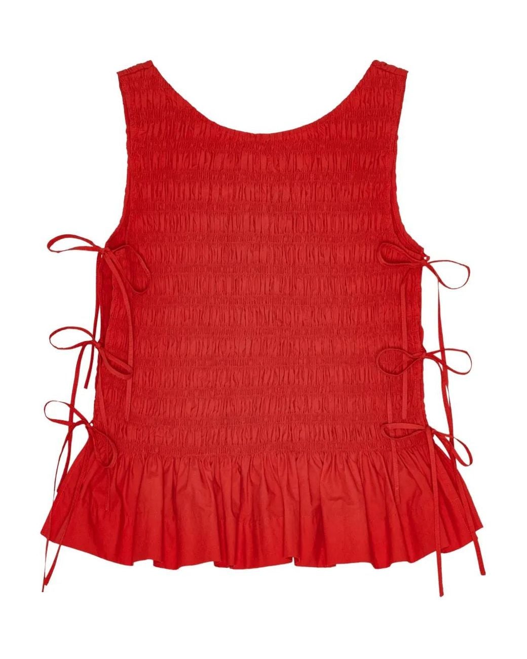 Ganni Red Smocked Tie-Fastening Top
