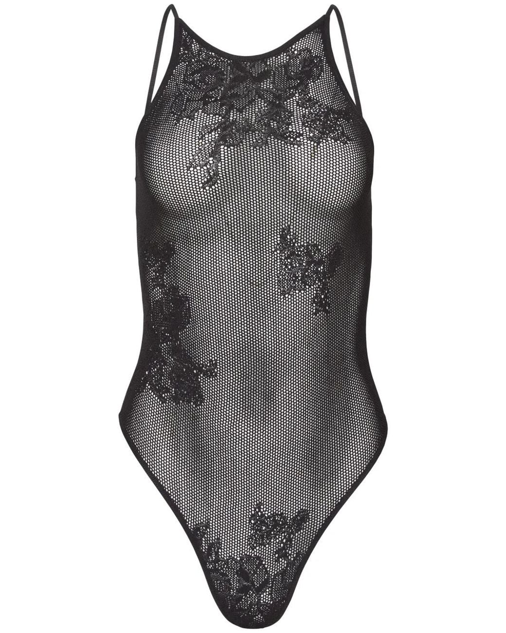 Fleur du Mal Gray Pointelle-Knit Lace Racer Bodysuit