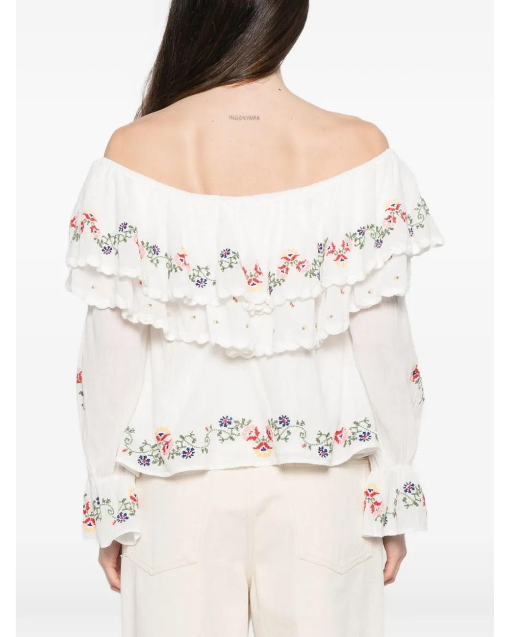 Rixo White Maurine Embroidered Ruffled Top