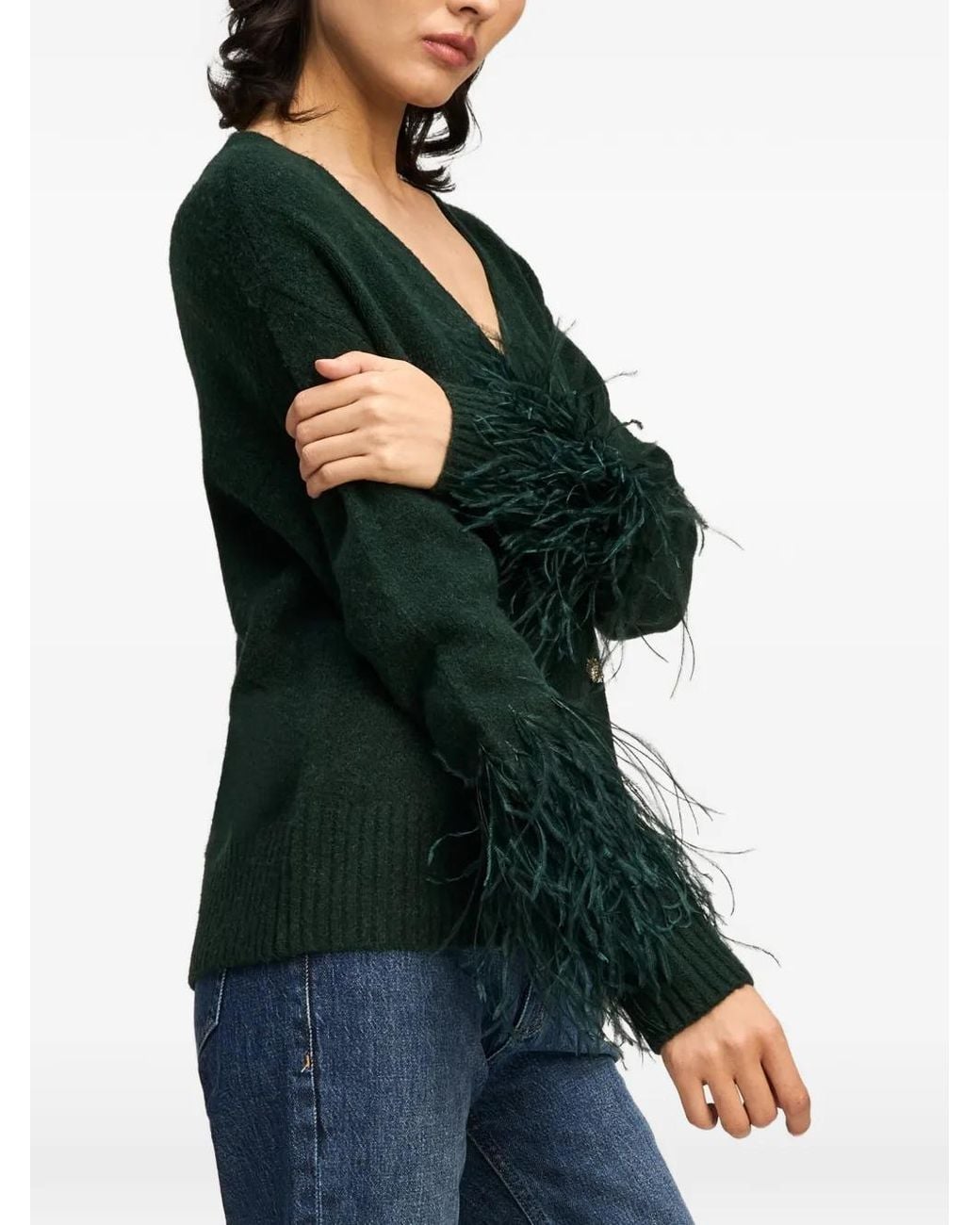 Cinq À Sept Green Briana Feather-Trim Cardigan