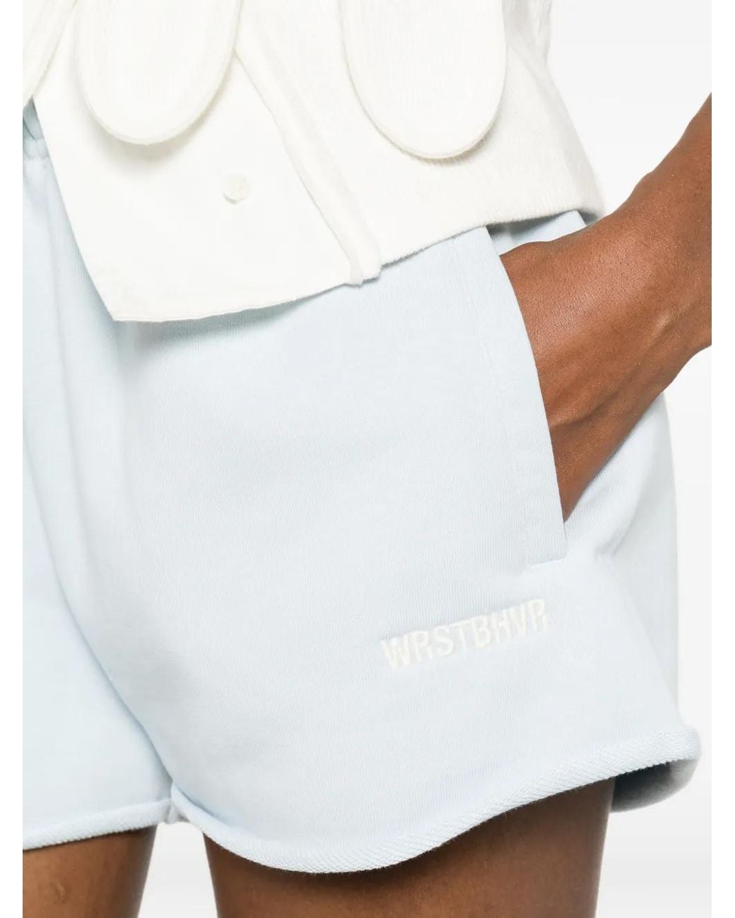WRSTBHVR White Itia Logo-Embroidered Raw-Edge Shorts
