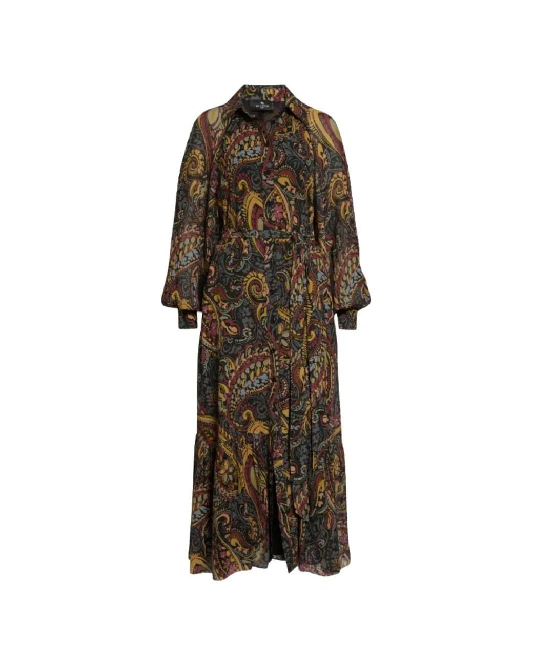 Etro Black Paisley-Print Belted Midi Shirt Dress