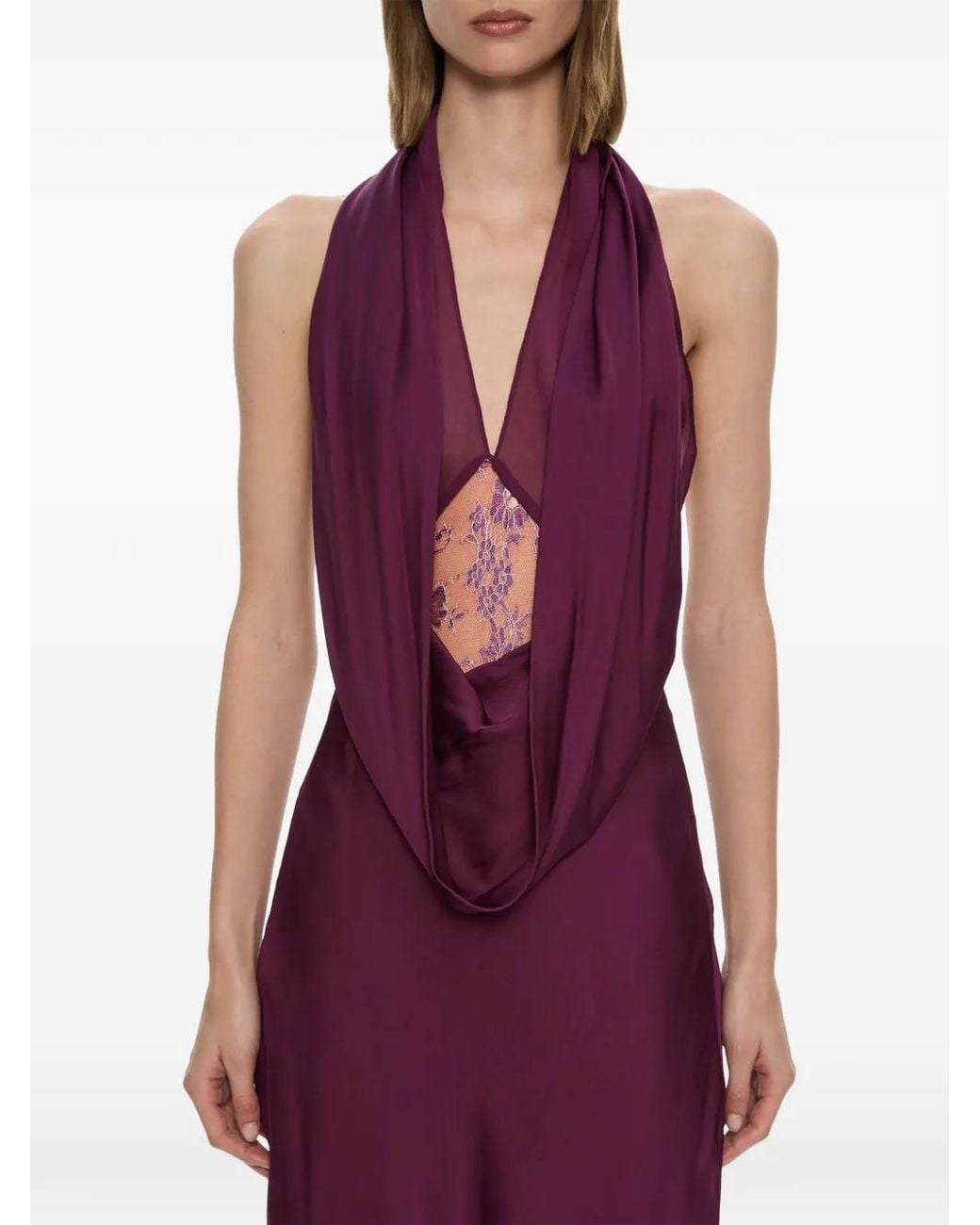 Christopher Esber Purple Cesura Cowl Lace Gown Maxi Dress