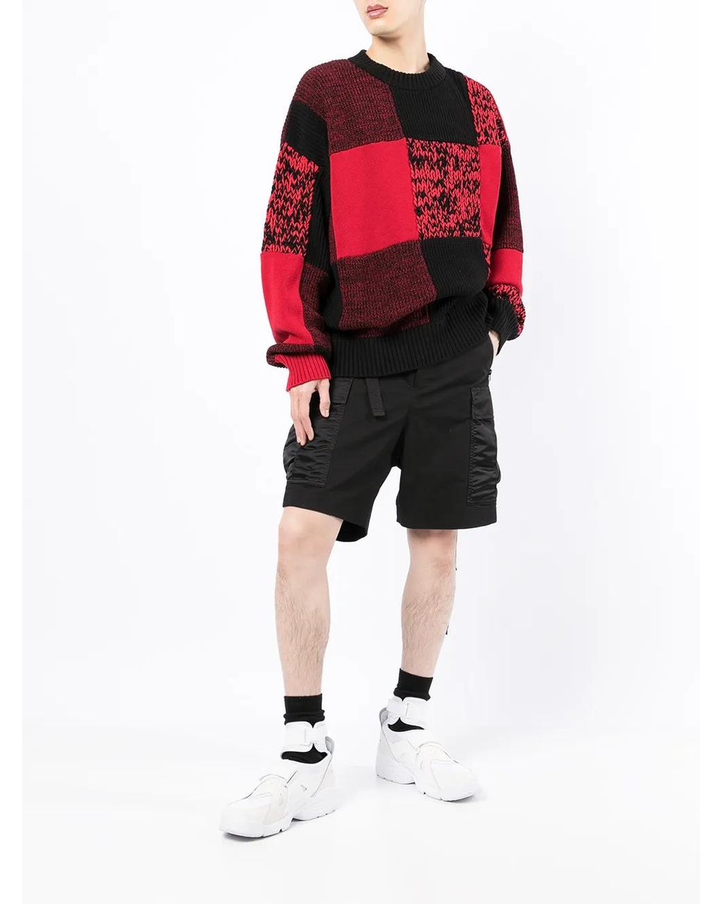 Sacai Red Checked Round-Neck Jumper for men