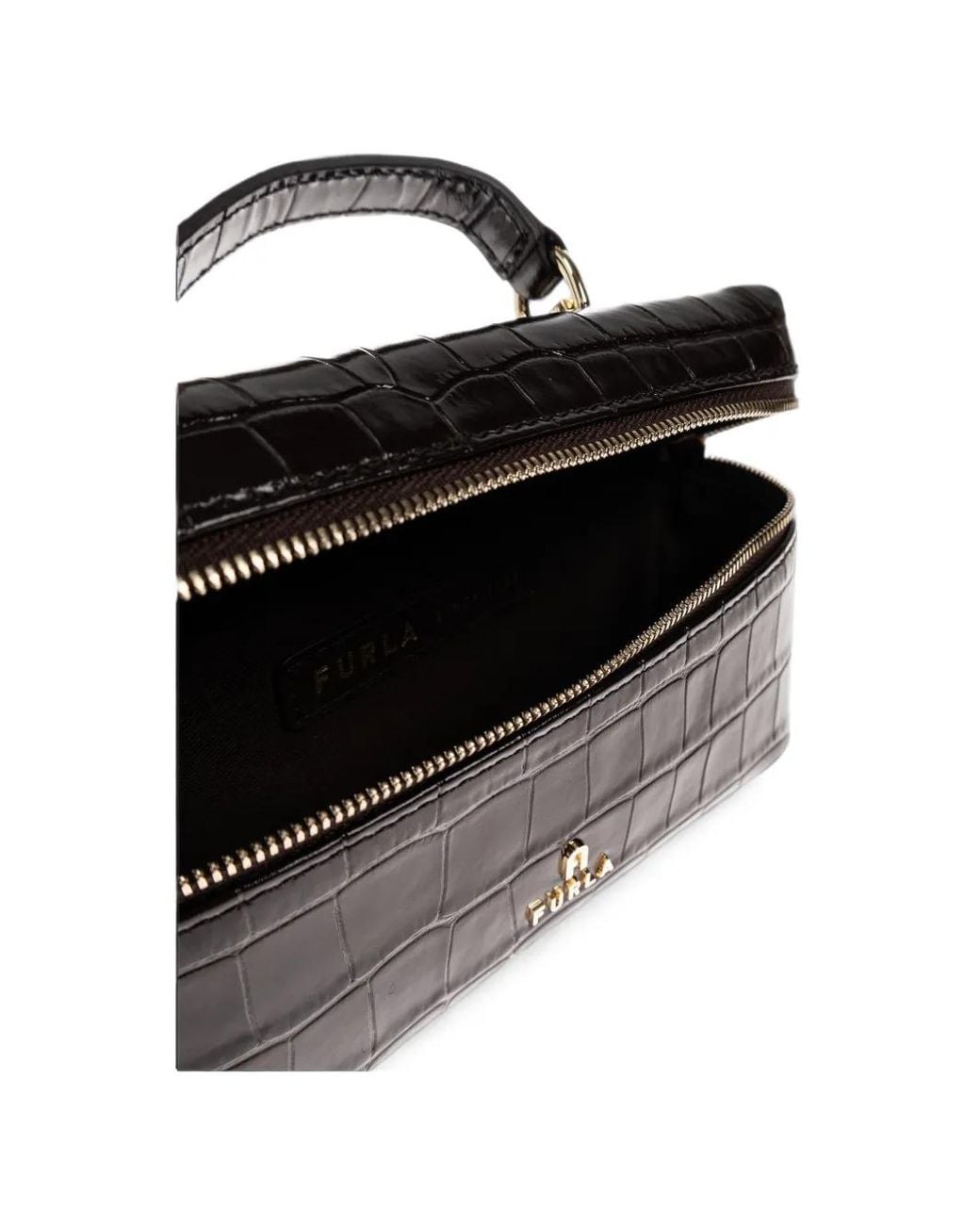 Furla Black Camelia Micro Croc-Effect Leather Crossbody Bag