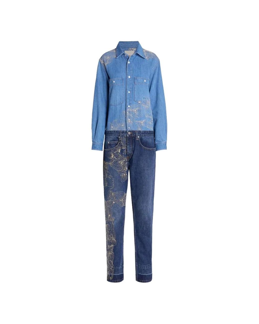 Isabel Marant Blue Imane Embroidered Faded-Effect Jumpsuit