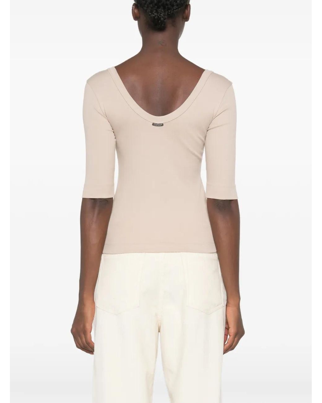 Brunello Cucinelli Natural Stretch Cotton Ribbed Jersey T-Shirt With Monili