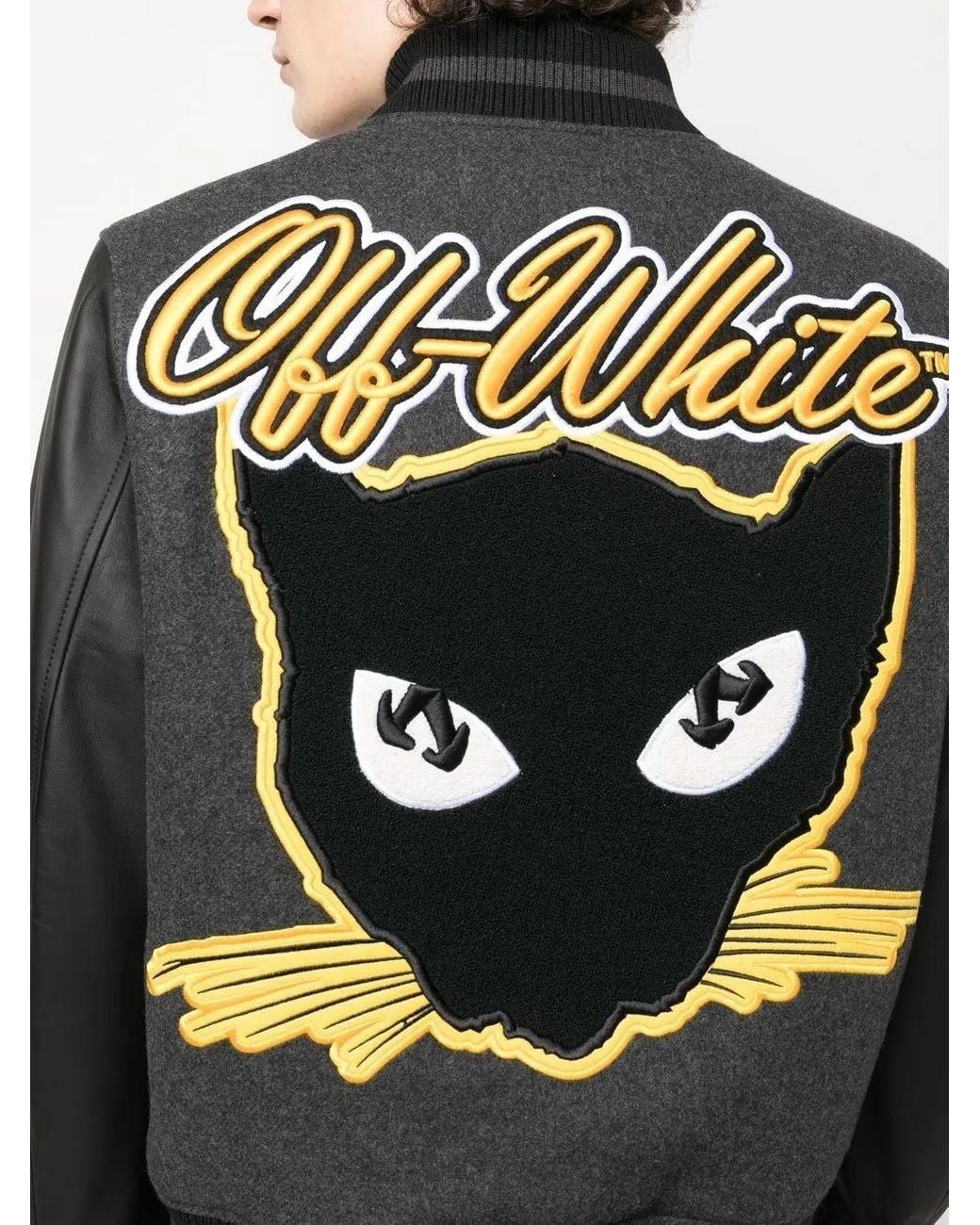 Off-White c/o Virgil Abloh Gray Off- Varsity Cat Leather Jacket, Long Sleeves, /, 100% Leather for men