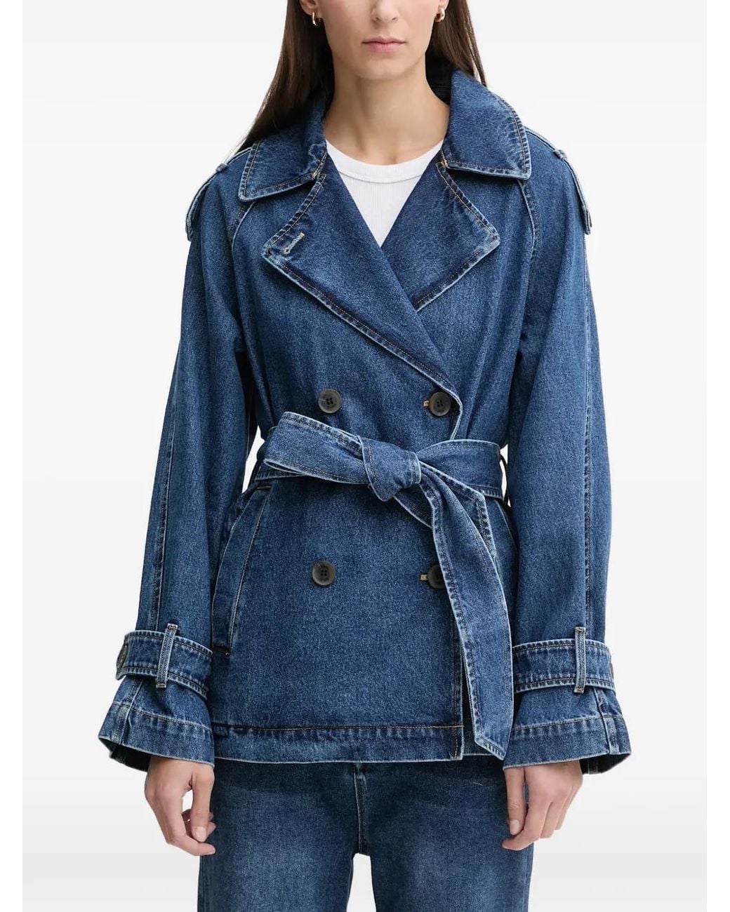 DKNY Blue Double-Breasted Belted Denim Coat