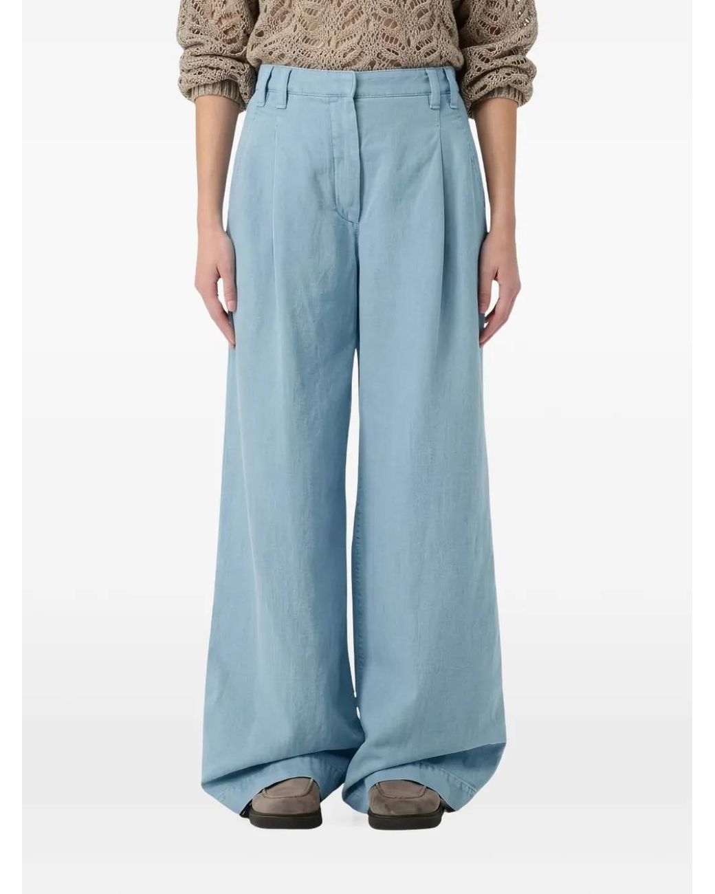 Brunello Cucinelli Blue Pleated Wide-Leg Trousers