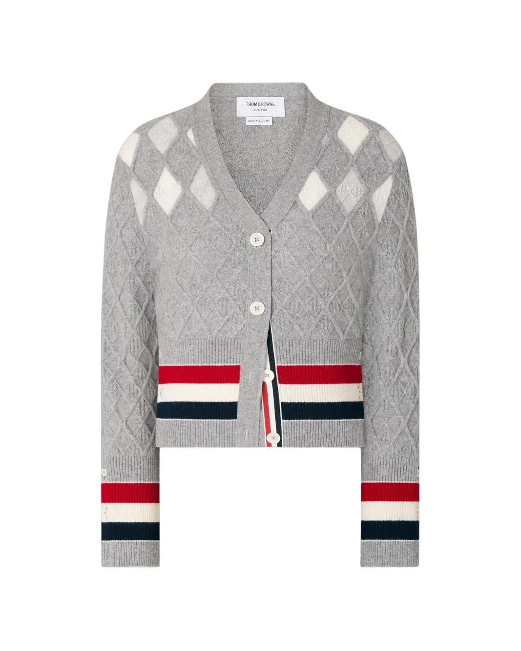 Thom Browne Gray Cashmere Intarsia Argyle Pointelle Shrunken Cardigan