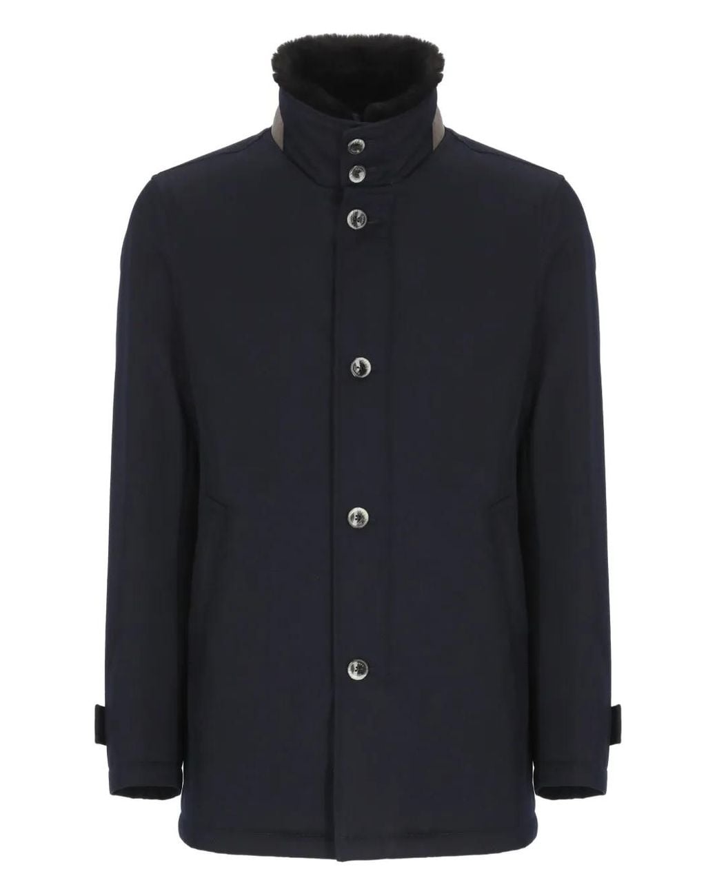 Herno Blue Structured Virgin Wool Coat With Plush Fur Collar for men