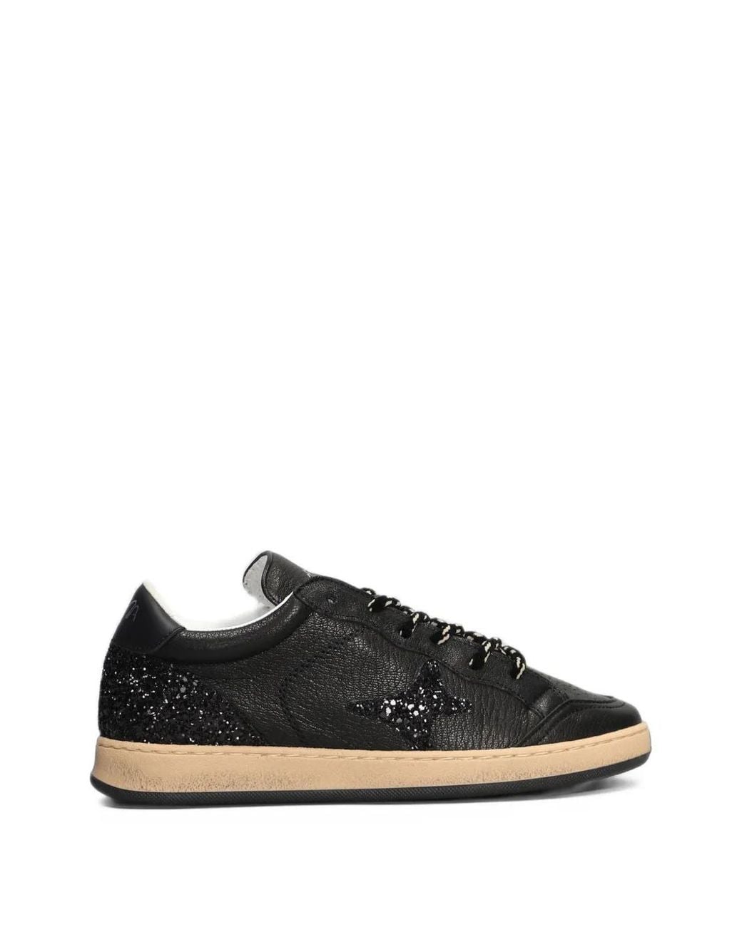 AMA BRAND Black Glitter-Patch Leather Low-Top Sneakers