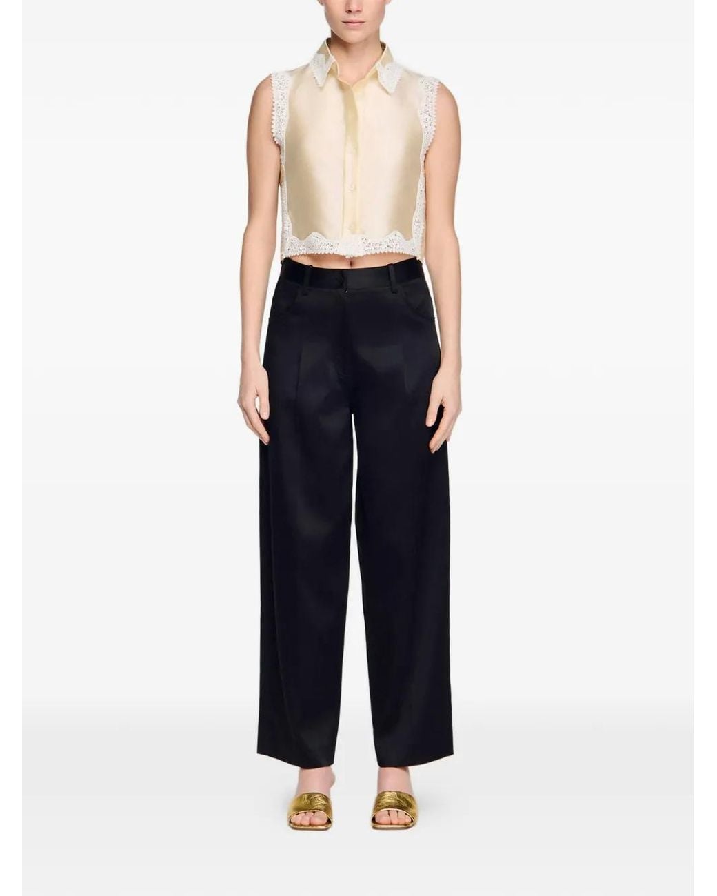Sandro Black Satin-Effect Wide-Leg Trousers