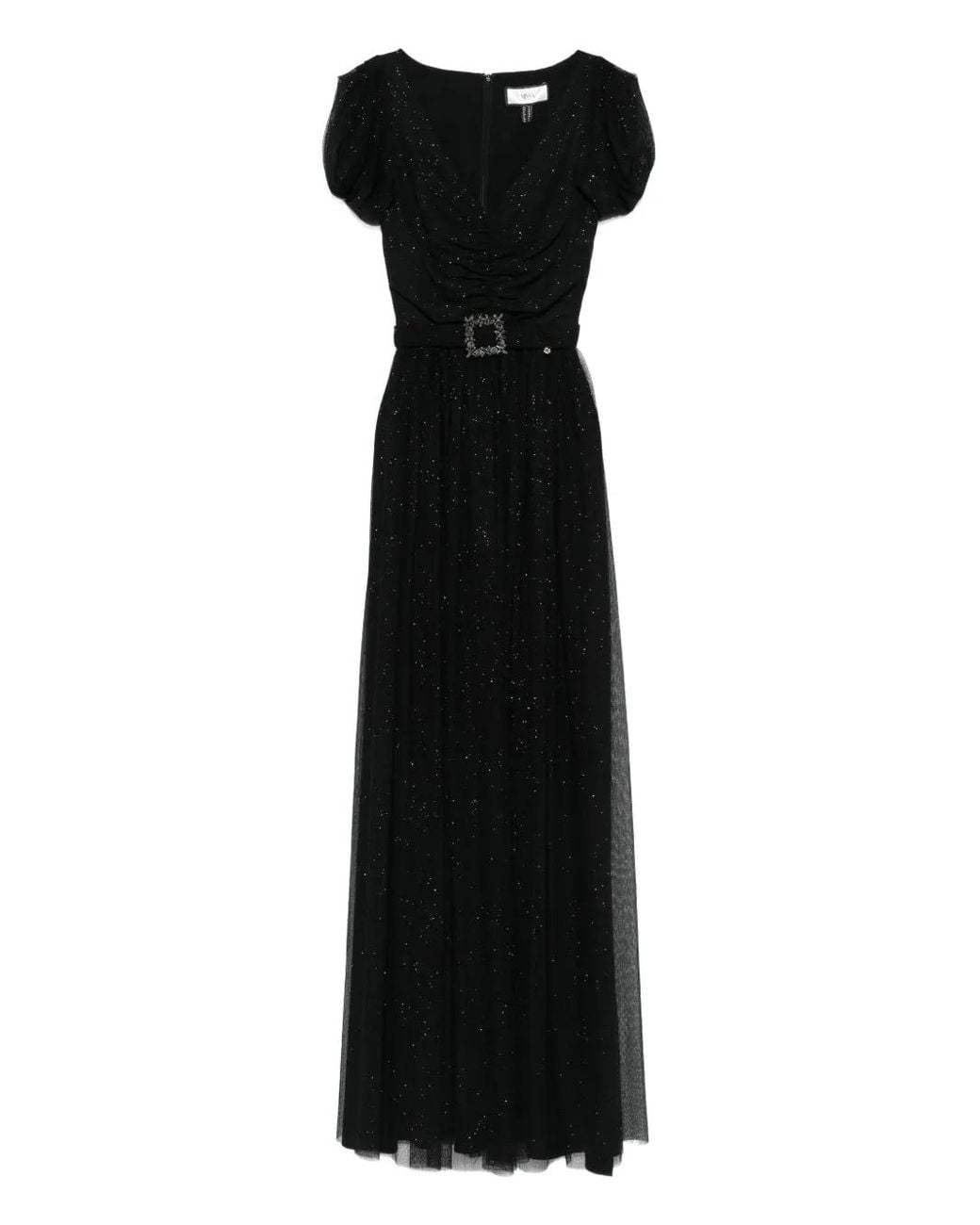 Nissa Black Pleated Glittered Tulle Maxi Dress