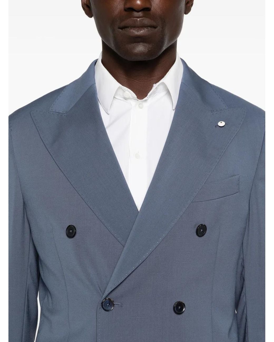 Luigi Bianchi Blue Double-Breasted Peak-Lapel Suit for men