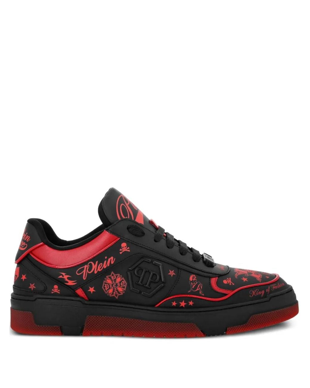 Philipp Plein Red Nappa Leather Low Top Sneakers All-Over Plein