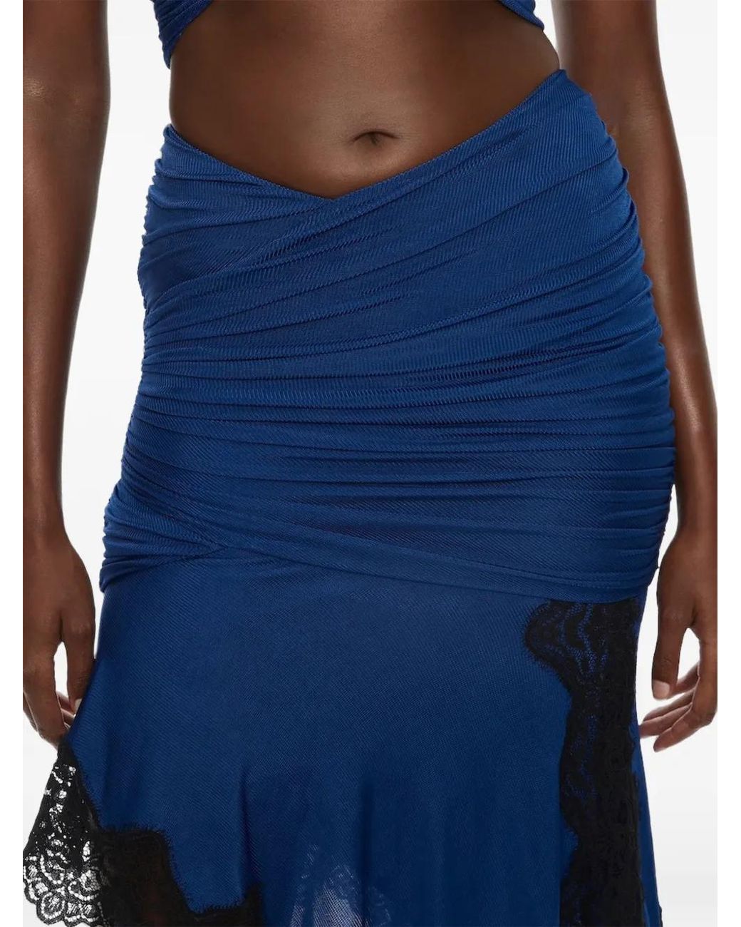 Christopher Esber Blue Incline Lace-Trimmed Gathered Midi Skirt