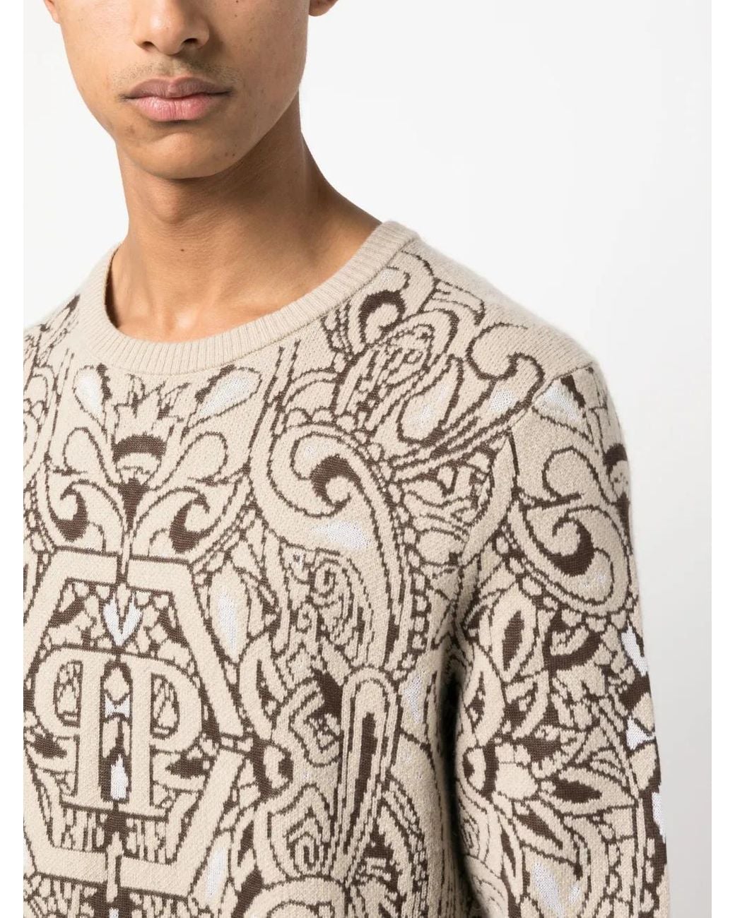 Philipp Plein Brown Paisley-Print Cashmere-Silk Jumper for men