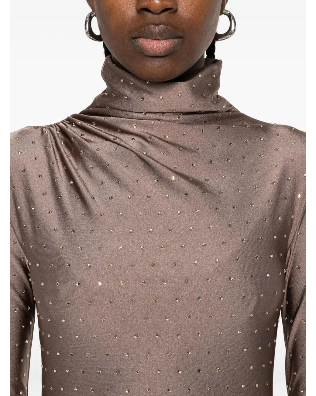 ANDAMANE Brown High-Neck Rhinestone-Embellished Dress