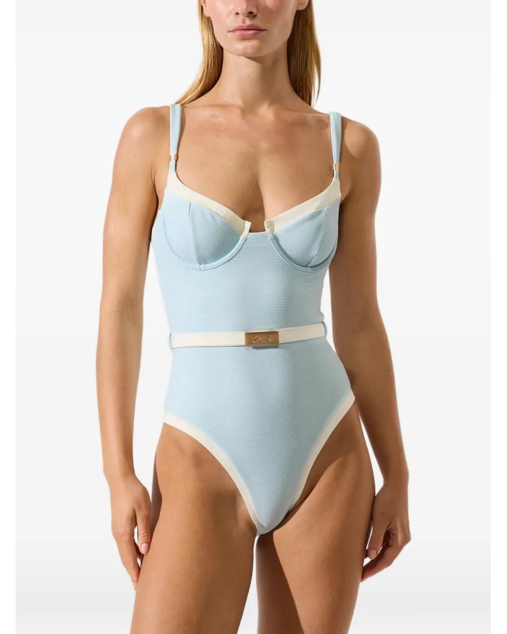 Karl Lagerfeld Blue Signature Belted Swimsuit