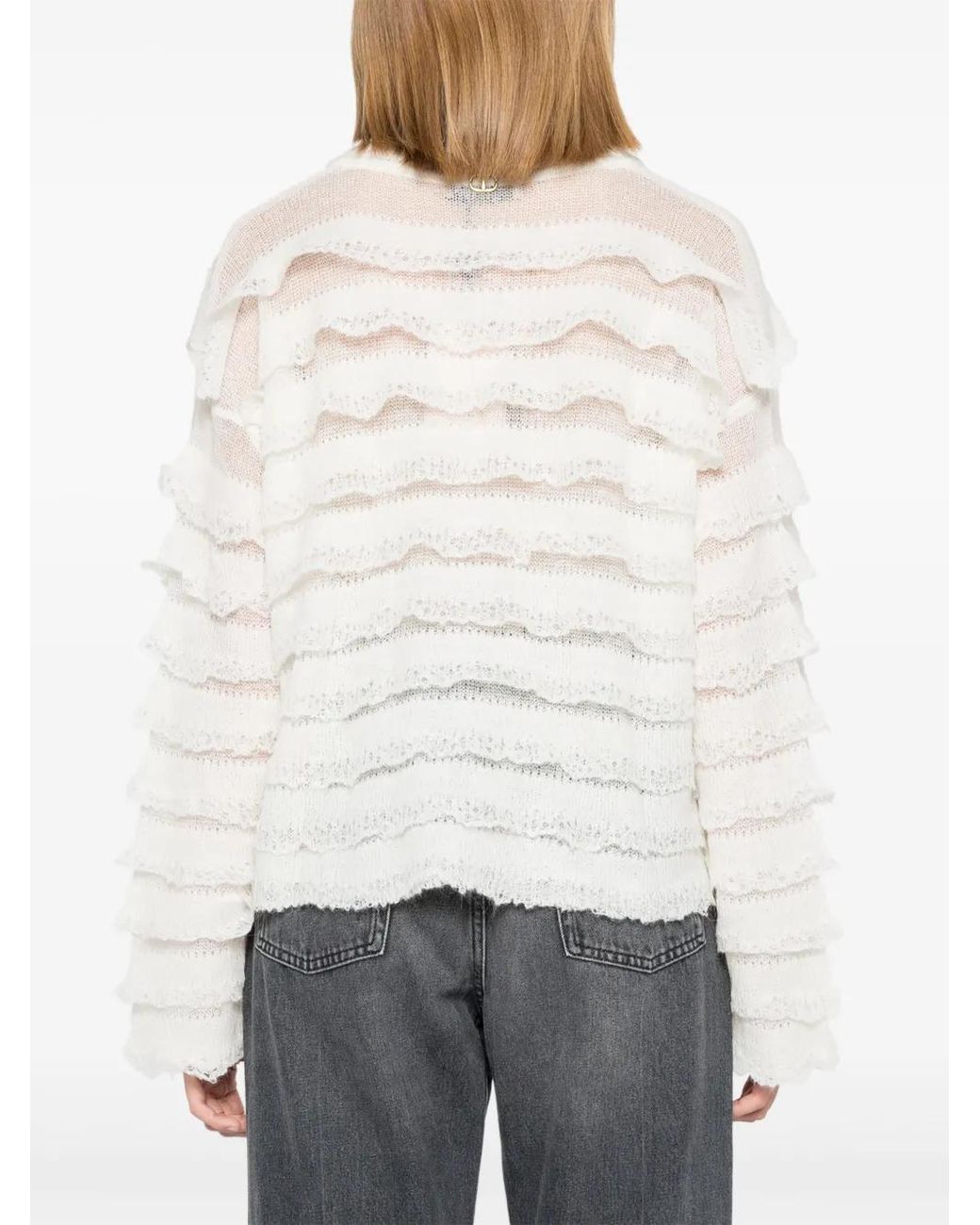 Twinset White Ruffled Open-Knit Jumper