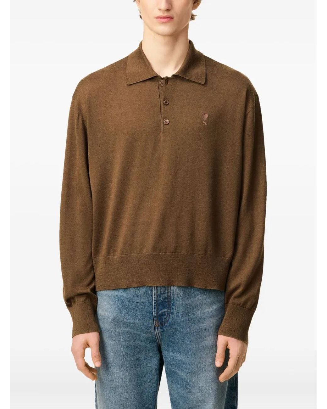 AMI Tops ,Bruin ,Wol Bruine Wol Zijde Polo Shirt in het Brown voor heren