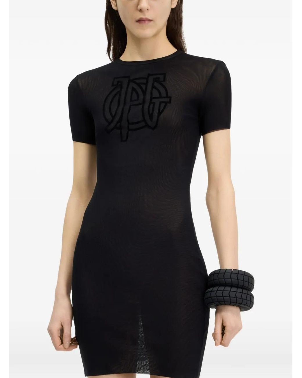 Jean Paul Gaultier Black Sheer Logo Detail Fitted Mini Dress