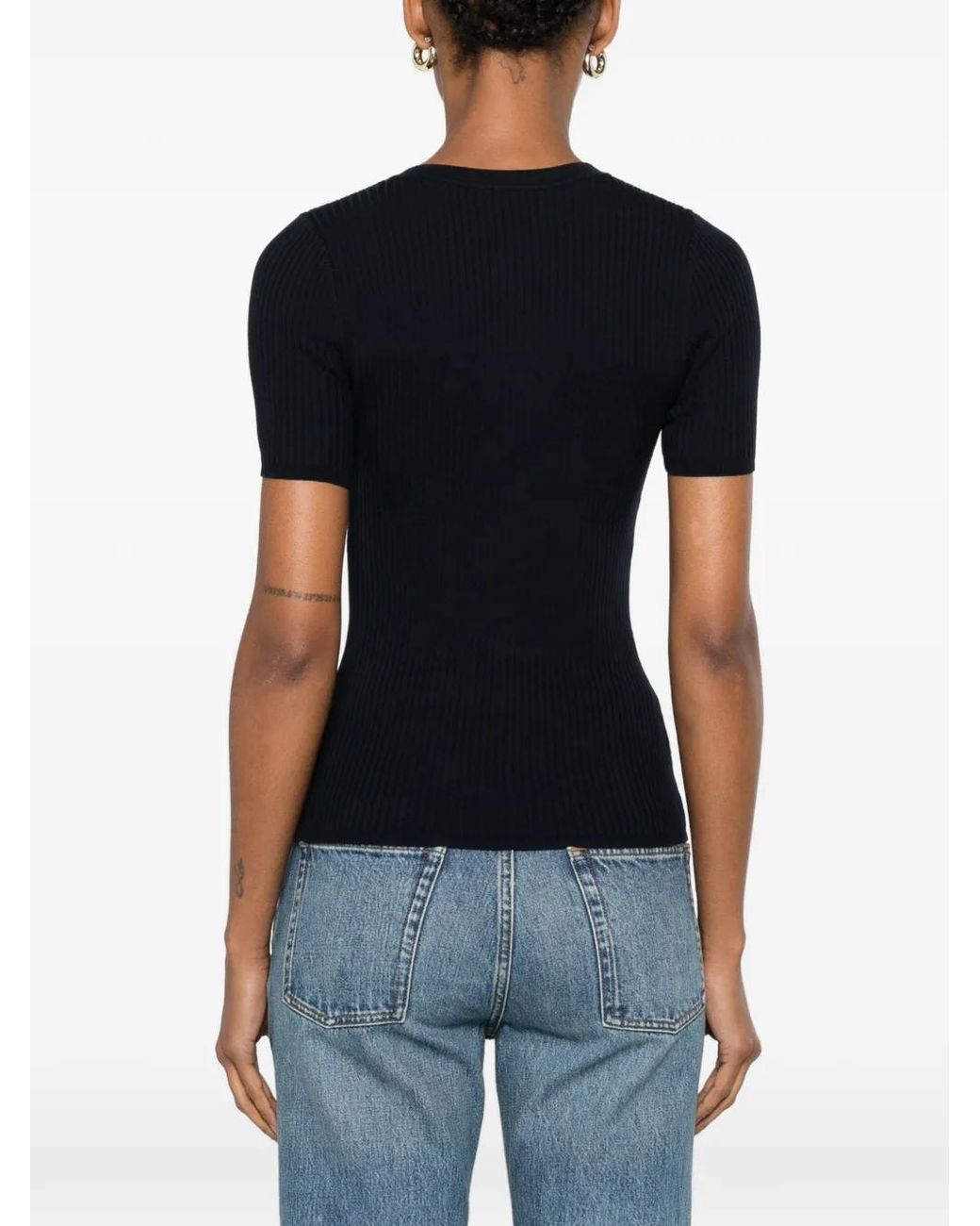 Sandro Black Ribbed Short-Sleeved Knit Top