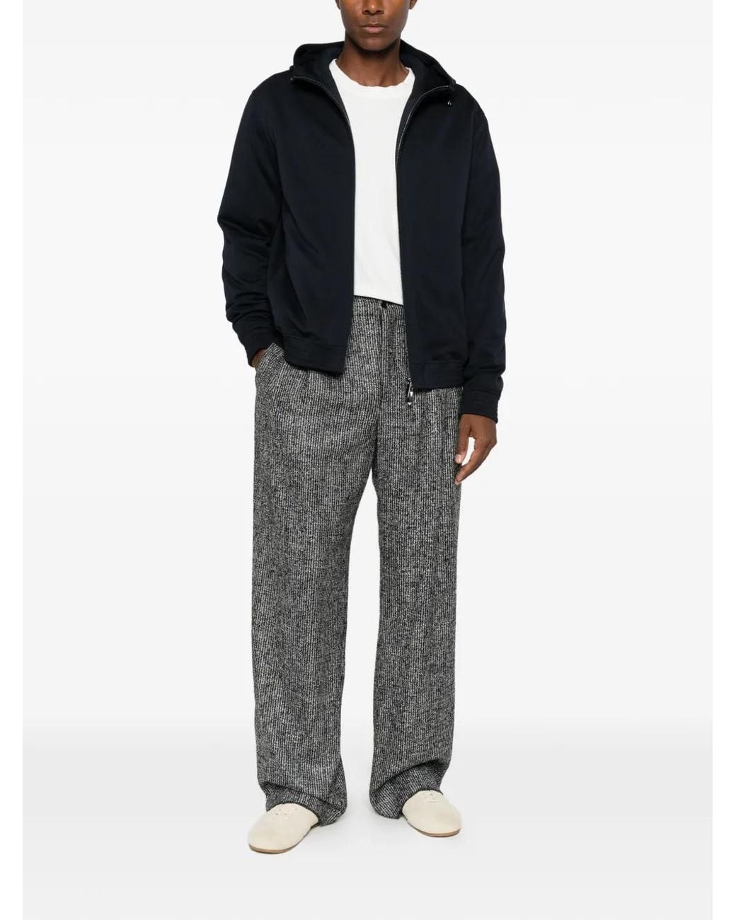Emporio Armani Black Pleated Pinstripe-Pattern Trousers for men