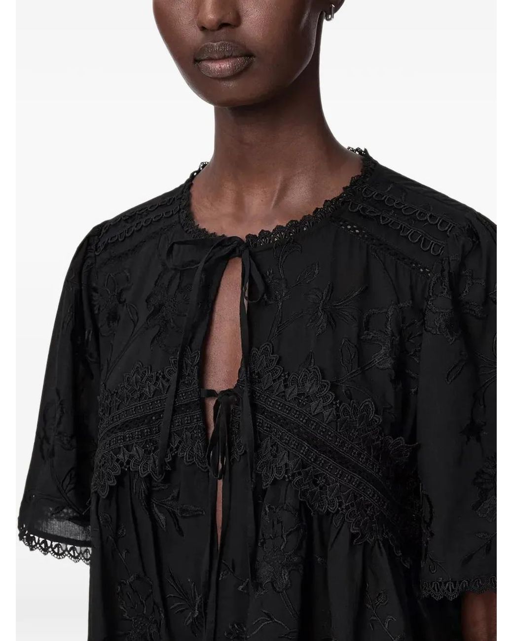 AllSaints Black Lillith Embroidered Short-Sleeve Blouse