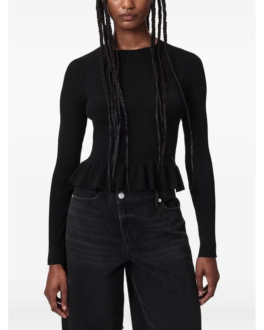 AllSaints Black Jas Ribbed Peplum Sweater