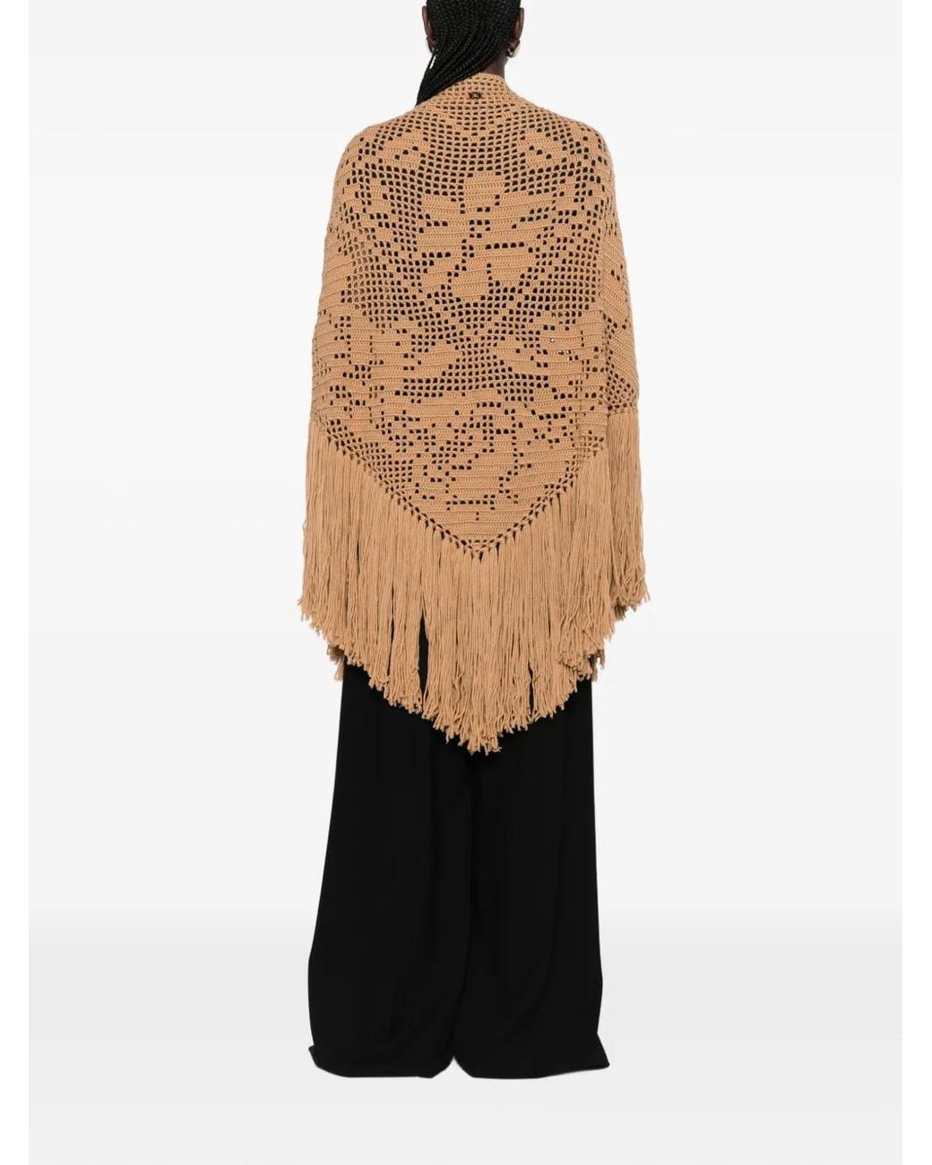 Chiara Is Natural Peonia Fringed-Trim Crochet-Knit Poncho