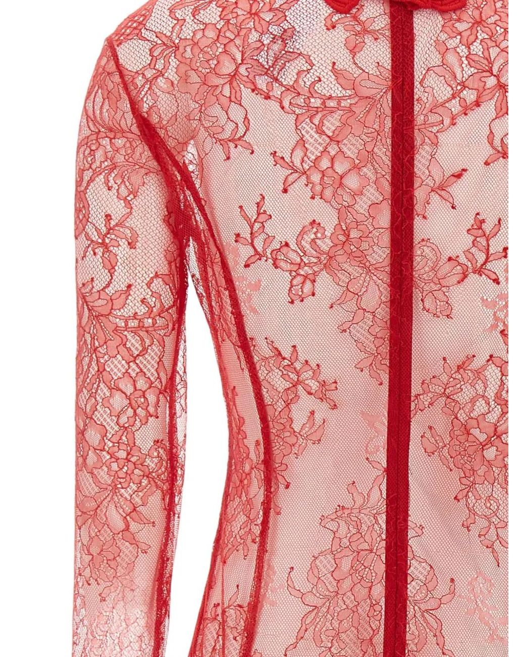 Blumarine Red Floral-Lace High-Neck Bodysuit