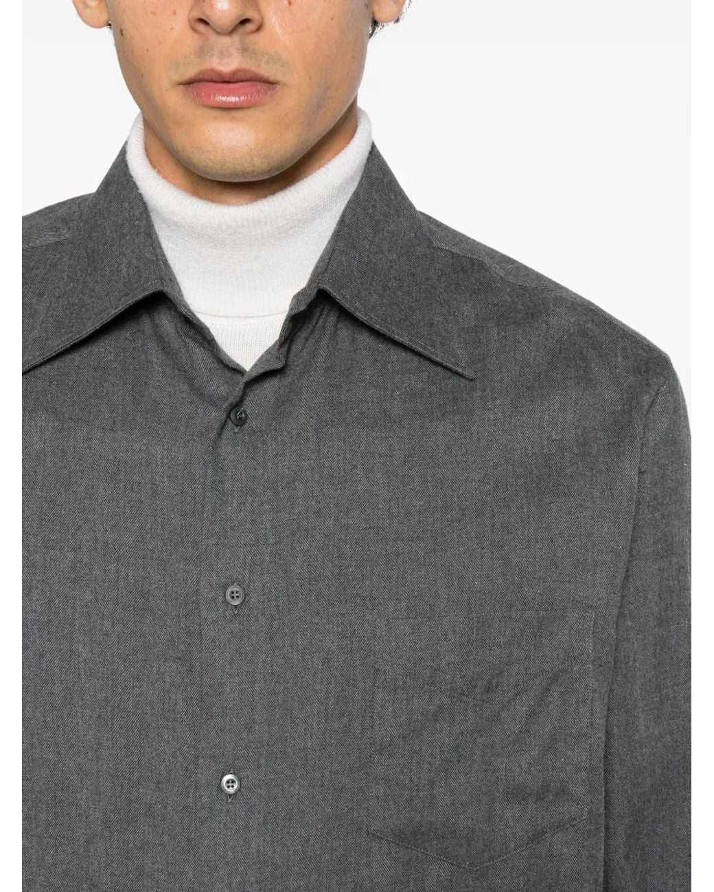Brunello Cucinelli Gray Herringbone-Pattern Chest-Pocket Shirt for men
