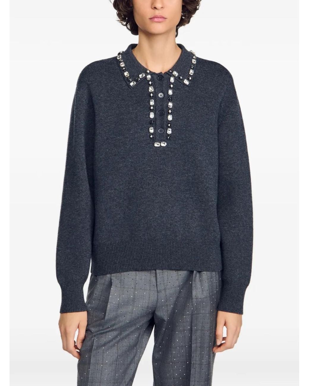 Sandro Blue Crystal-Embellished Polo Sweater