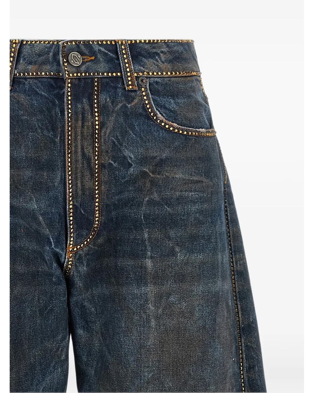 GIUSEPPE DI MORABITO Blue Rhinestone-Embellished Barrel-Leg Jeans