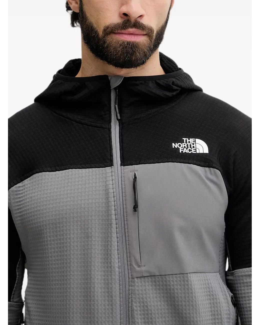 The North Face Gray Stormgap Power Grid Panelled Zip-Up Hooded Jacket for men