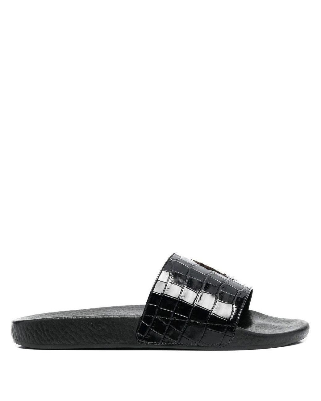 Polo Ralph Lauren Crocodile-embossed Leather Sliders in Black | Lyst UK