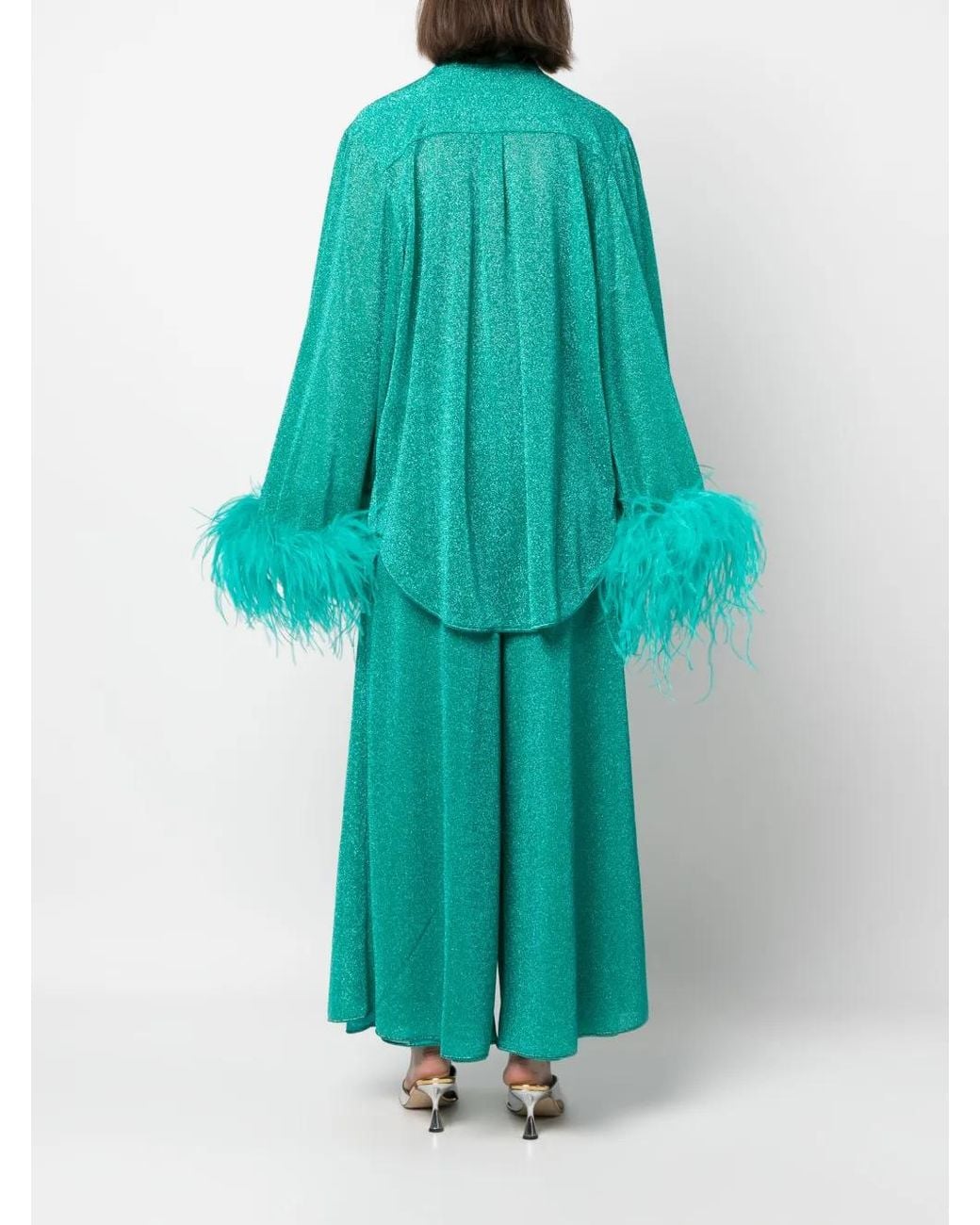 Oseree Green Feather-Trim Detail Blouse