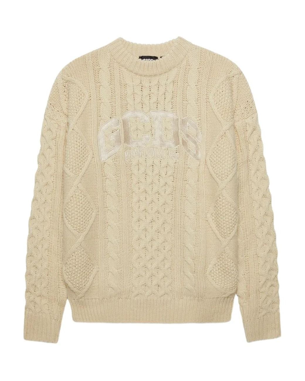 Gcds Natural Logo-Embroidered Cable-Knit Sweater