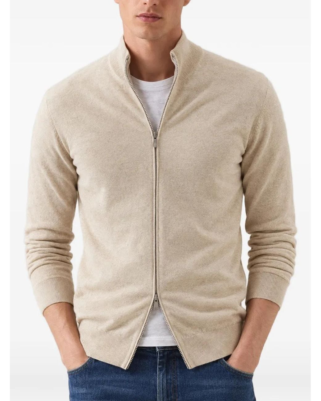 Brunello Cucinelli Natural Zip-Up Cashmere Sweater for men