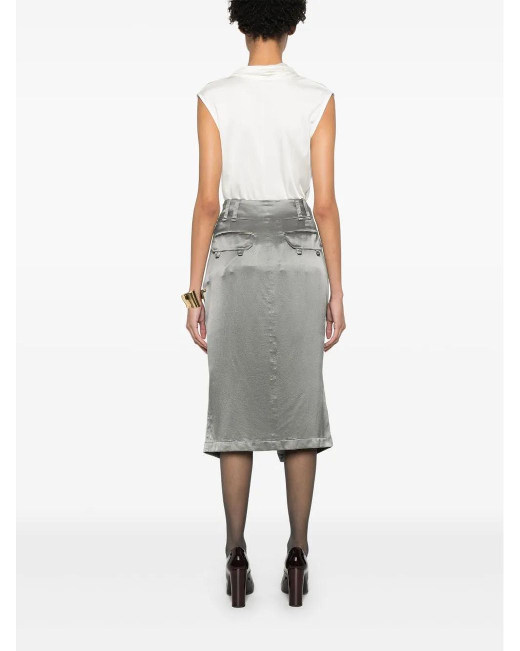 Saint Laurent Gray Silk Midi Skirt