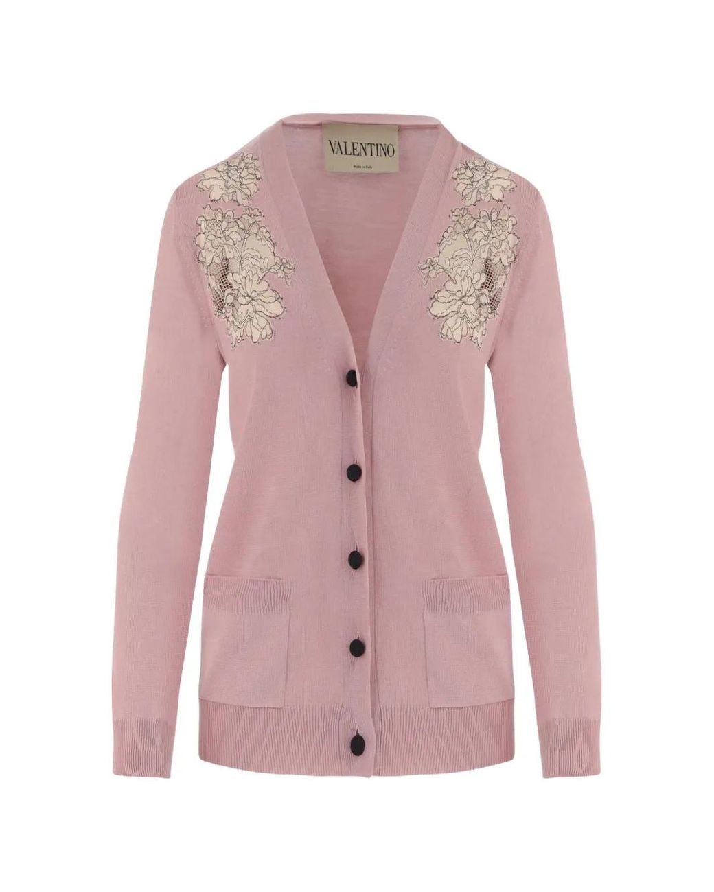 Valentino Garavani Pink Cardigan En Laine À Broderies En Dentelle