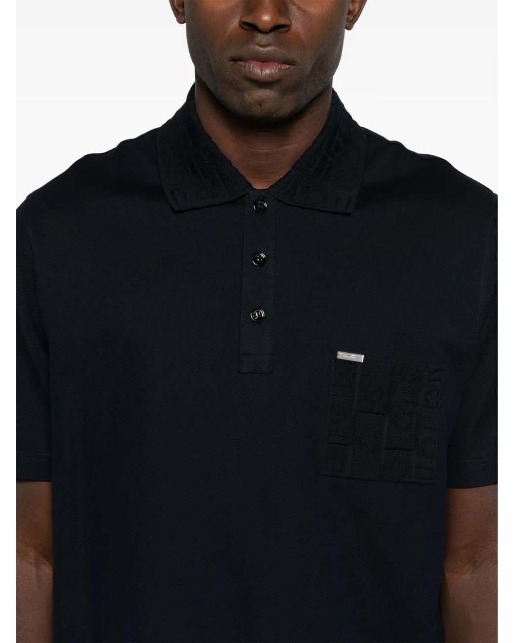Ferragamo Blue Jacquard-Pocket V-Neck Polo Shirt for men