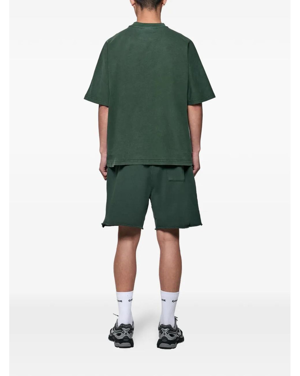 GODMADE Green Logo-Print Raw-Edge Shorts for men