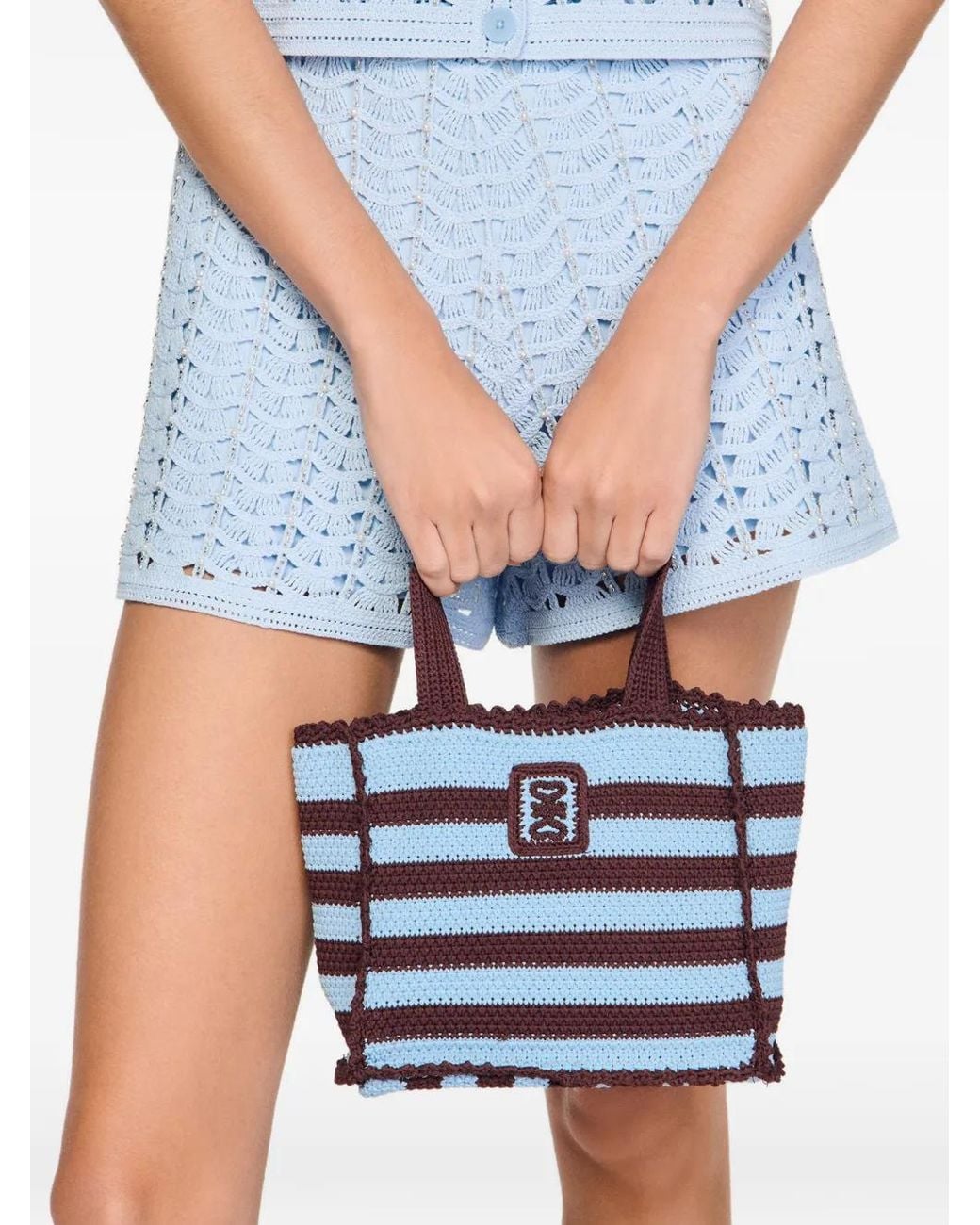 Sandro Blue Striped Crochet-Knit Tote Bag