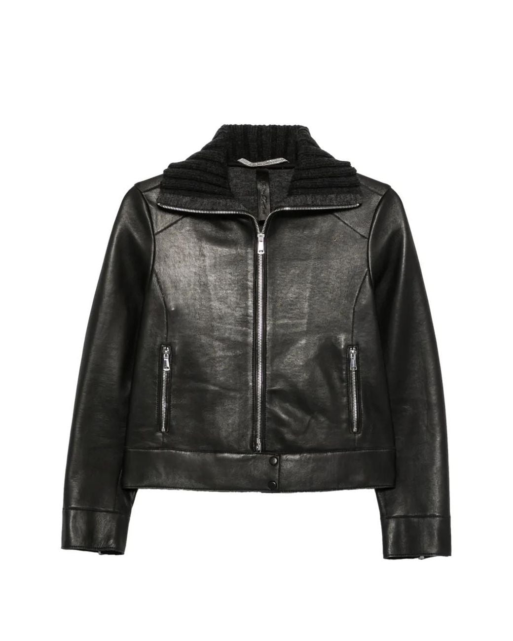 The Jackie Leathers Black Tilde Ribbed-Knit Collar Leather Jacket