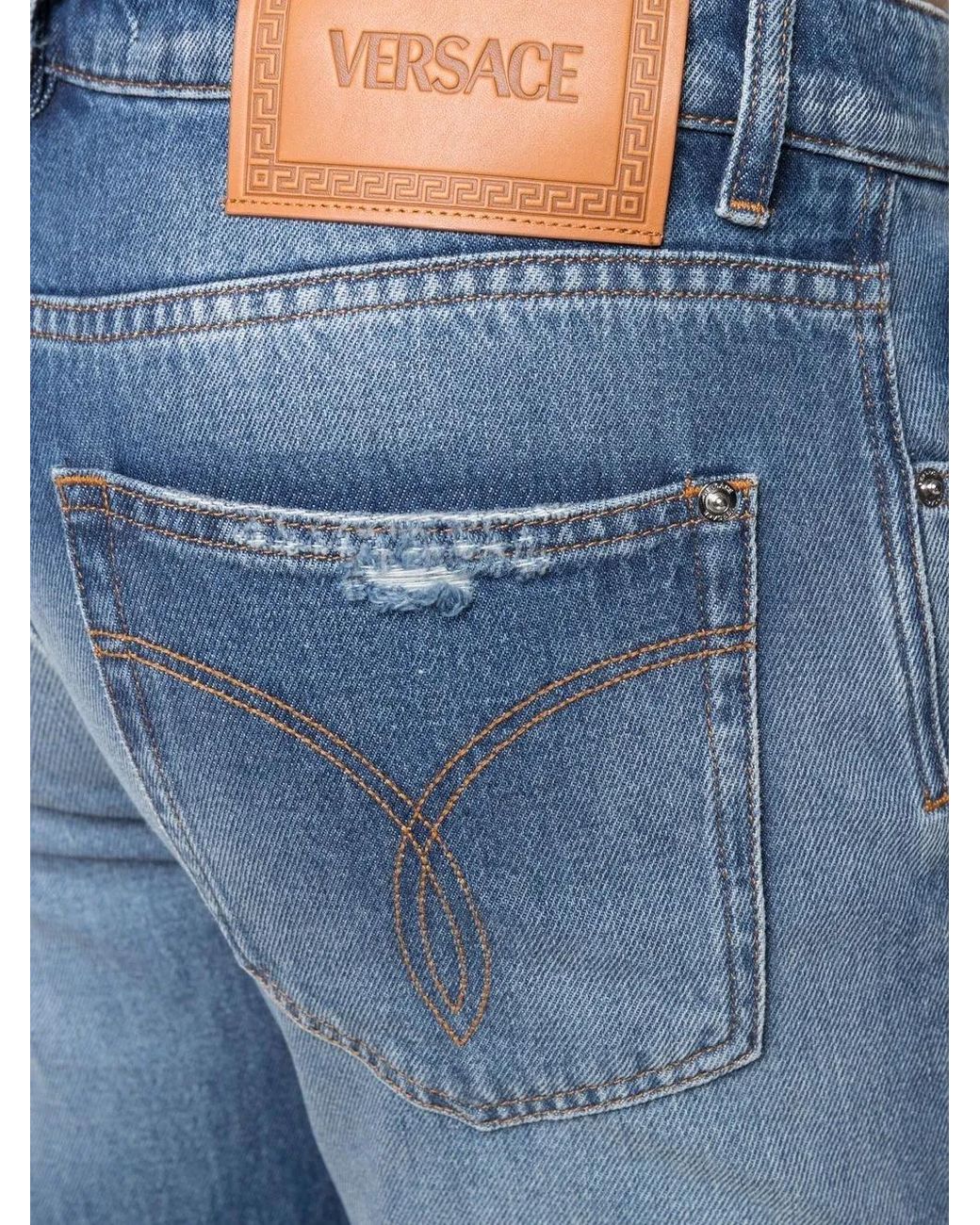 Versace Blue Distressed-Effect Straight-Leg Jeans for men
